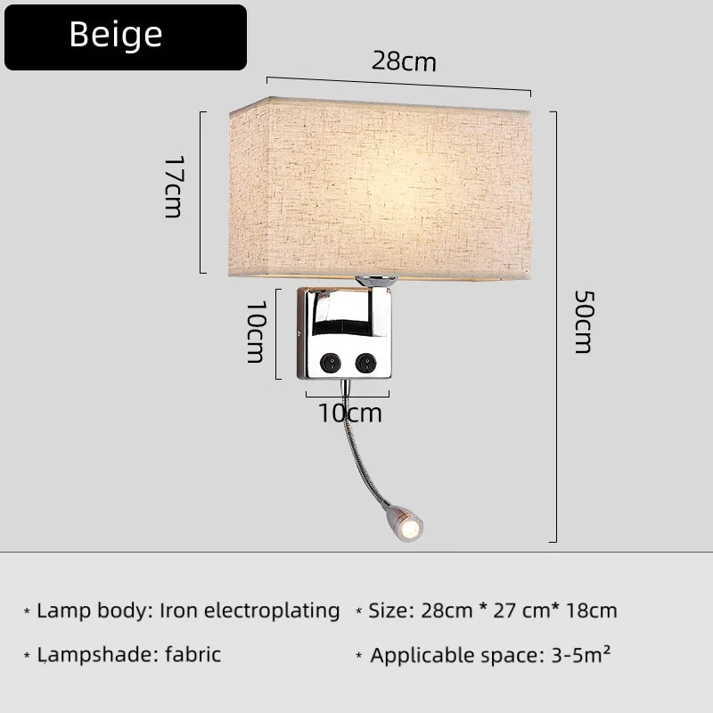 Nordic Fabric Wall Lamp – E27 LED Reading Light with Switch